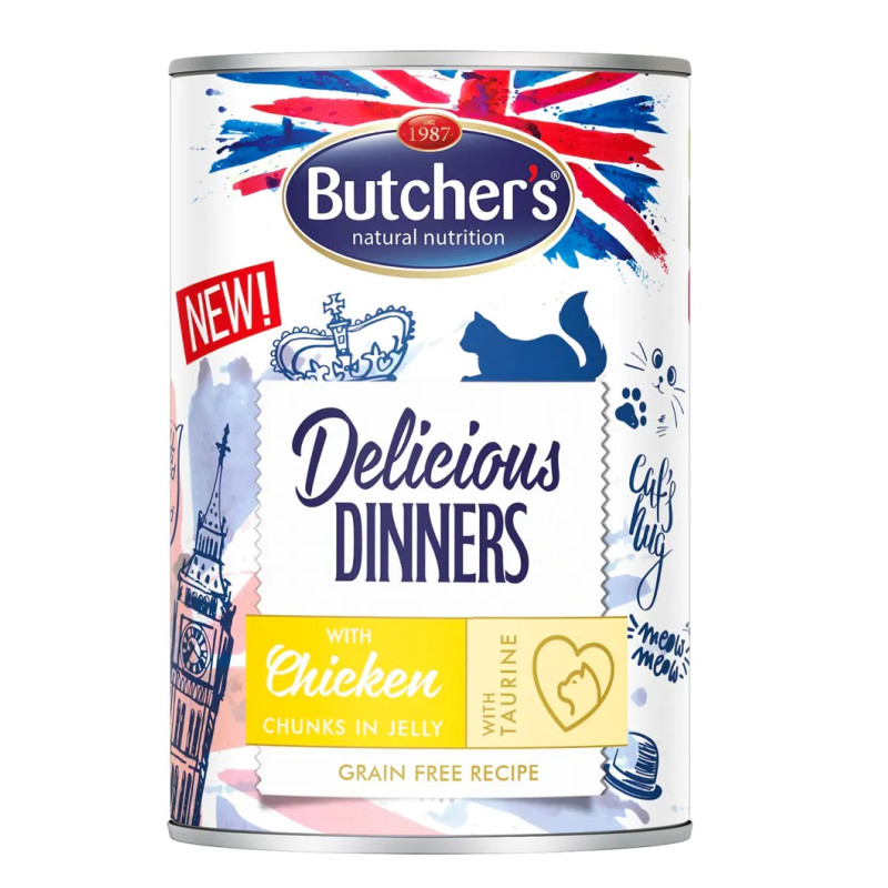 Konservēta barība kaķiem - Butchers CAT Delicious Dinners with chicken chunks in Jelly 400g