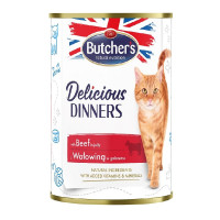 Konservēta barība kaķiem - Butchers CAT Delicious Dinners with beef chunks in Jelly 400g