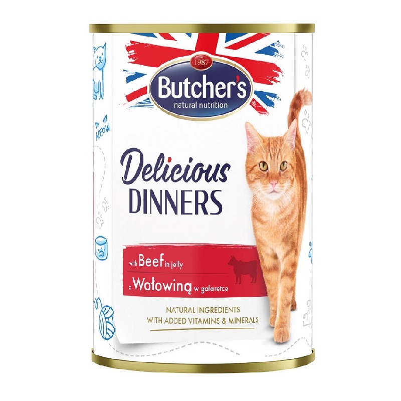 Konservēta barība kaķiem : Butchers CAT Delicious Dinners with beef chunks in Jelly 400g