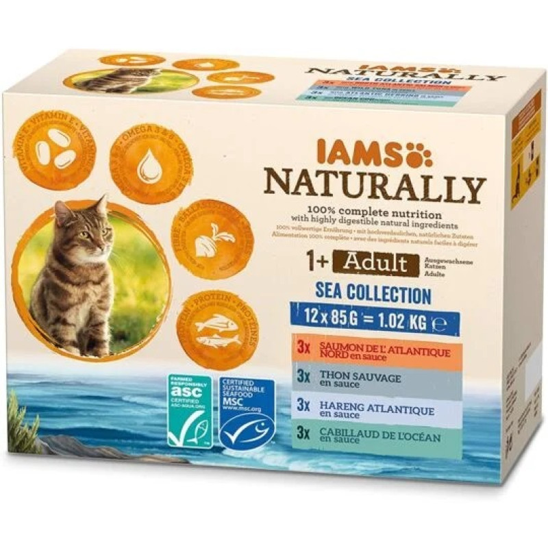 Konservēta barība kaķiem : IAMS CAT Naturally Adult Sea Collection 12*85gr