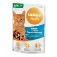 Konservēta barība kaķiem : IAMS CAT DELIGHT TUNA HERRING Jelly 85g.