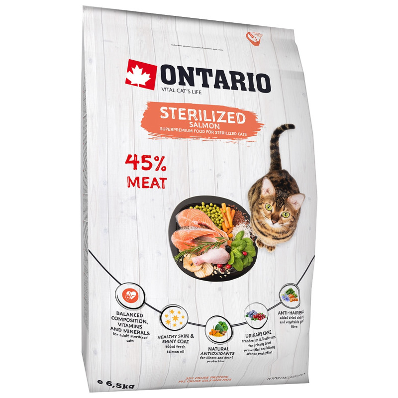 Корм для кошек – Ontario Cat Sterilised Salmon 6.5kg