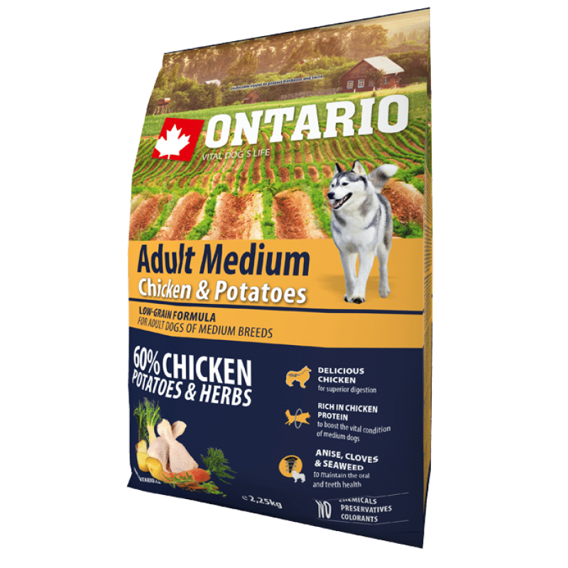 Корм для собак – Ontario Dog Adult Medium Chicken and Potatoes, 2,25kg