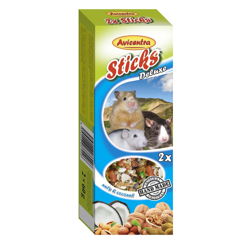 Papildbarība grauzējiem – Avicentra Sticks nutty for small rodents, 2x60g