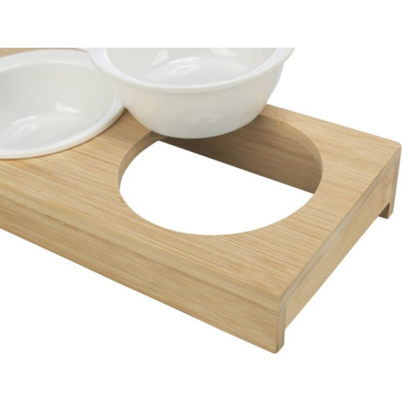 Bļoda dzīvniekiem, keramika : Trixie Bowl set, ceramic/bamboo, 2×0.25 l/ø 12cm/30×5×14 cm, white/ecru