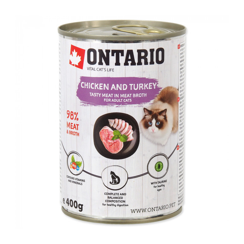 Konservēta barība kaķiem - Ontario Cat can Chicken with Turkey flavoured with Sea Buckthorn 400g